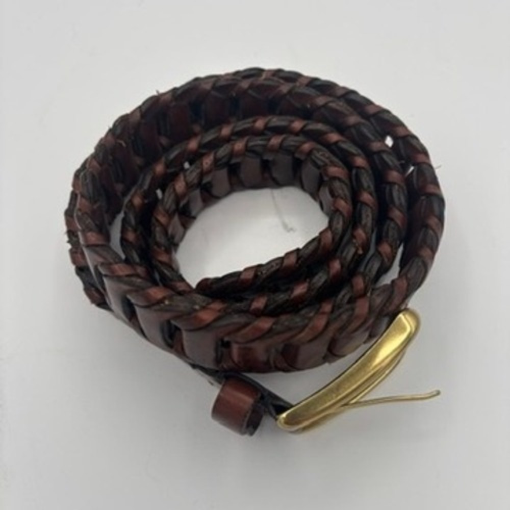 Cole Haan Woven Leather Belt Men Sz 44 Brown Braided Brass Buckle Casual - Picture 4 of 9